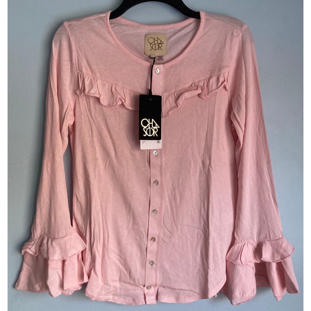 NWT Chaser 100% Cotton Button Up Top Pink Medium Coquette - Picture 3 of 9